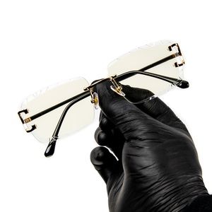 Men's Rimless Gold Frame Gem Cut Hand Carved Hip Hop Clear Lens Glasses